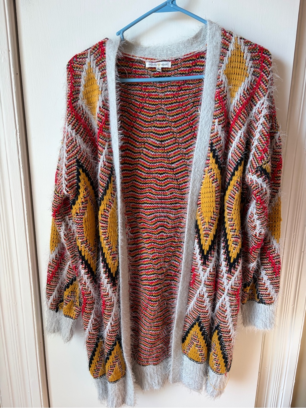 Woven Heart Multicolor Open Cardigan with Mustard Diamond Motif